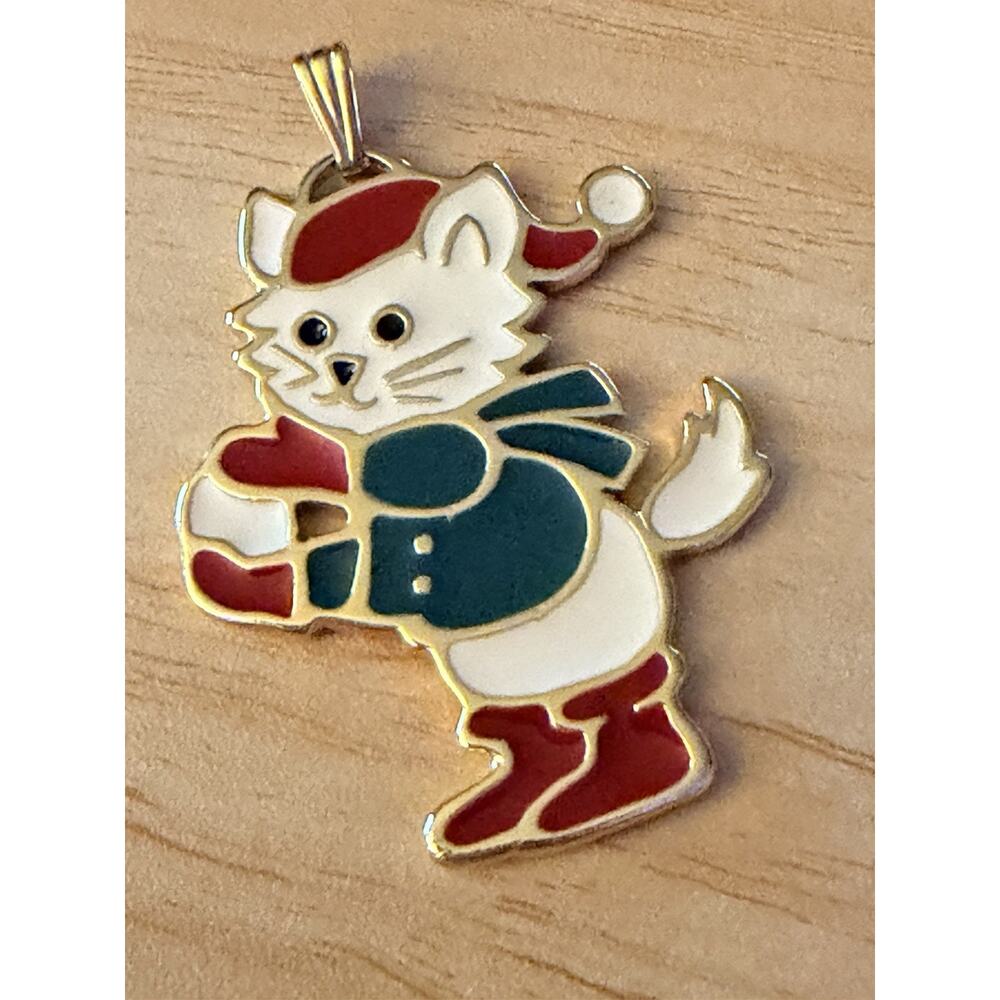 Wallace Silversmiths Cat Christmas Pendant Ornament Kitty Santa Hat Enamel Vtg